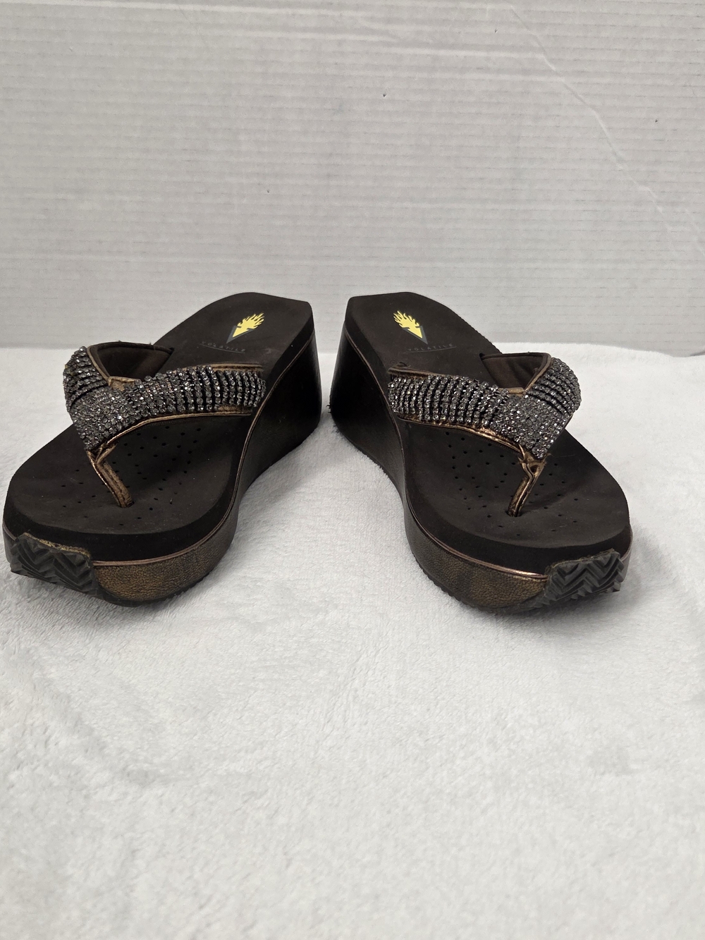 Volatile Island Black Rhinestone Wedge Platform Sandals Y2K Glam Flip Flop 6